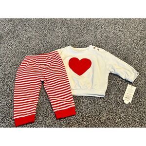 Cc3 Cat‎ & Jack Baby Outfit Set 12M White Heart Sweatshirt Red Striped Pants NWT